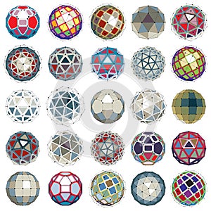 Set of vector low poly spherical objects with connected lines an
