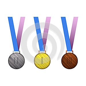 Set of vector medals. Gold, silver and bronze medal on blue and pink ribbon. Isolated on white background.