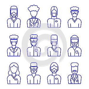 A set of vector medical avatars of doctors and nurses in protective medical clothes with masks.