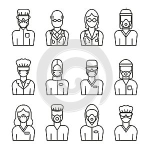 A set of vector medical avatars of doctors and nurses in protective medical clothes with masks.