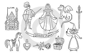 Set of vector medieval coloring illustrations with funny characters. Cute princess and knight. Dragon and castle. Witch