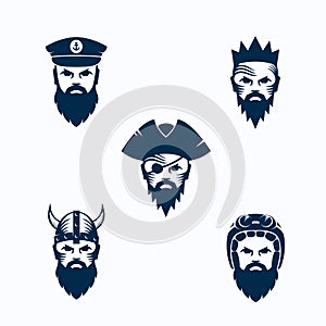 Set of Vector Men Face Silhouettes. Bearded Faces of Warrior, Captain, Pirate, King and Biker. Abstract Emblems, Sport