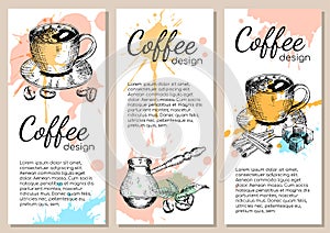Set of vector menus for coffee. Coffee menu, leaflets, brochures for coffee shops. Template for coffee shops. Hand drawing of coff
