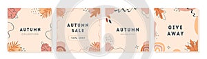 Set of vector minimal cards with geometric shapes and forest autumnal leaves. Trendy abstract post templates for social