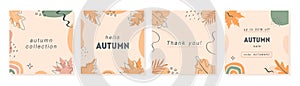 Set of vector minimal cards with geometric shapes and forest autumnal leaves. Trendy abstract post templates for social