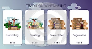 Set of vector mobile app pages on theme craft winery. Stages of tradition winemaking. Design of onboarding screens