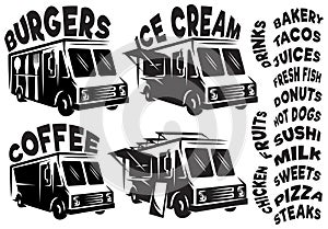 Set of vector mobile shop, vans, food trucks with various inscriptions