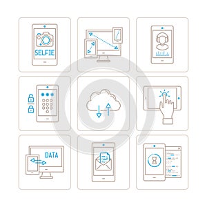 Set of vector mobile tech icons and concepts in mono thin line style