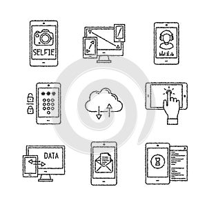 Set of vector mobile tech icons and concepts in sketch style