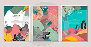 Set of vector modern artistic posters with hand drawn textures, plants, leaves and cut out paper shapes.