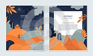 Set of vector modern artistic posters with hand drawn textures, plants, leaves and cut out paper shapes.