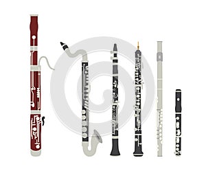 Set of vector modern flat design woodwind musical instruments