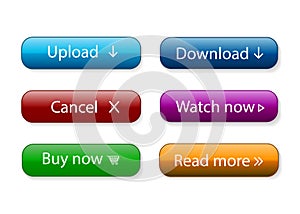 Set of vector modern material style buttons with text. Different gradient colors and icons for web, mobile app. Template