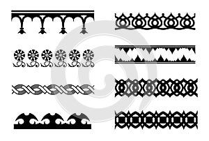 Set of vector monochrome border pattern brushes