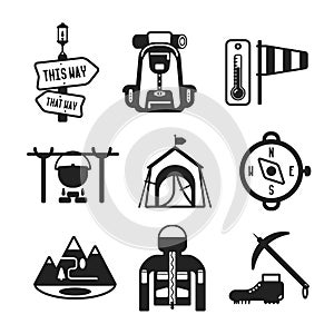 Set of vector monochrome hiking icons in flat style