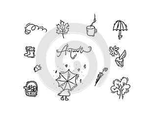 Set of vector monoline doodle floral elements. Autumn collection graphic design. Herbs, leaves, umbrella. Hand drawn thanksgiving