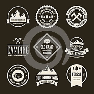 Set of vector mountain and outdoor adventures logo. Tourism, hiking and camping labels.