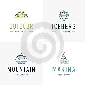 Set of vector mountain and outdoor adventures logo. Tourism, hiking and camping labels. Mountains and travel icons for