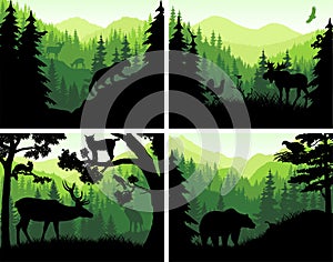 Set of vector mountains woodland animals silhouettes in sunset templates