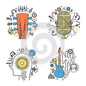 Set of vector music flat line illustrations