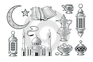 Set of vector muslim illustrations, icons for prayer and ramadan kareem in the style of engraving