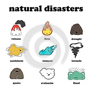 A set of vector objects. Natural disaster. Flood, tornado, strong wind, sandstorm, tsunami volcano eruption