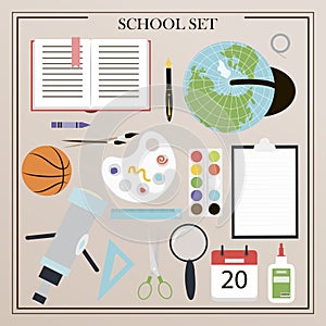 A set of vector office supplies, school and office attributes. Flat design of insulated pencils, pens, rulers, backpack