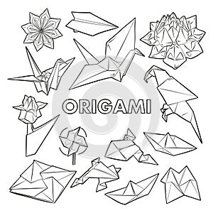 set of vector origami illustrations, linear hand drawing