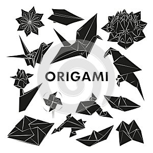 set of vector origami illustrations, silhouette black and white hand drawing