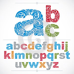 Set of vector ornate lowercase letters, flower-patterned typescript. Colorful characters created using herbal texture.