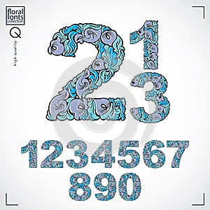 Set of vector ornate numbers, flower-patterned numeration. Blue