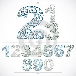 Set of vector ornate numbers, flower-patterned numeration. Blue