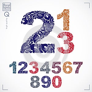 Set of vector ornate numbers, flower-patterned numeration. Color