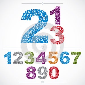 Set of vector ornate numbers, flower-patterned numeration. Color