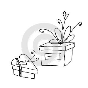 Set of Vector outline hand drawn images of gift boxes in Doodle style. Festive design element for Christmas, Valentines day,