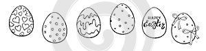 Set of vector outline ornamental easter eggs with hearts, stains, bows. Holiday illustrations, clip art
