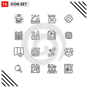 Set of 16 Vector Outlines on Grid for hospital reception, trophy, fire, seo, cloud scince photo