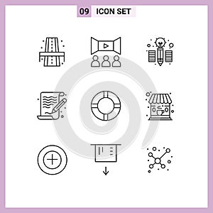 Set of 9 Vector Outlines on Grid for lifebuoy, insurance, creative, file, arts