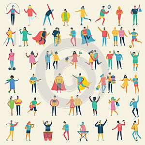 Set of vector people characters performing various activities. Group of men and women flat design style cartoon