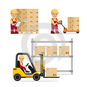 A set of vector people in the field of logistics, cargo storage and delivery. Warehouse worker in the uniform.
