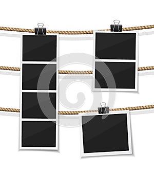 Set of vector photobooth and photos hanged on rope. Realistic retro style instant fotos with thread. Remember the moment