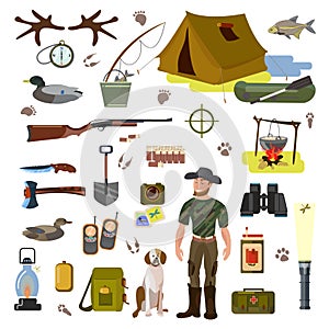 A set of vector pictures on the topic of hunting. Hunter with a dog and a gun, accessories of a hunter and a fisherman.