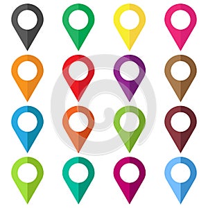 Set vector pin icons. Location sign in flat style isolated on white background. Navigation map, gps concept.