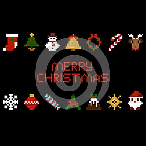 Set of vector pixel art christmas icons. Santa, star, candy, deer, snowflake in 8-bit photo