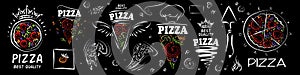 Set of vector pizza logos on black background