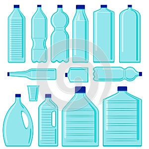 Set of vector plastic bottles. Plastic pollution. Ecology problem