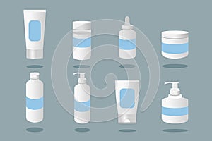 Set vector plastic containers. Bottles with spray, dispenser and dropper, cream jar, tube. Mock-up of cosmetic package