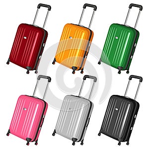 Set of vector plastic suitcases on castors with retractable handles