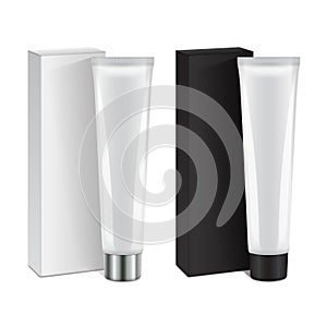 Set of vector plastic tube with cap and box for medicine or cosmetics - cream, gel, skin care, toothpaste. Packaging