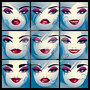 Set of vector portraits of women in different emotions. Par